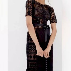 Byron Lars Black Lace Midi Dress with Ribbon Waist